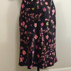 Ann Taylor Vintage 100% Silk Black Japanese Blossoms Midi A-Line Sequined Skirt